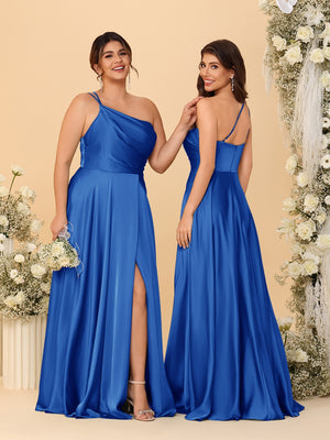 A-Line/Princess Spaghetti Straps Sleeveless Long Ruched Bridesmaid Dresses With Split Side