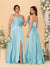 A-Line/Princess Spaghetti Straps Sleeveless Long Ruched Bridesmaid Dresses With Split Side