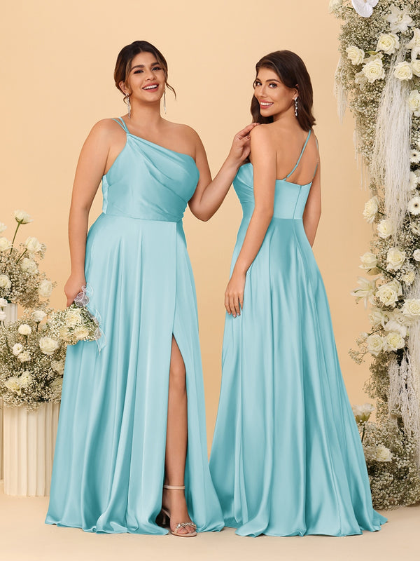 A-Line/Princess Spaghetti Straps Sleeveless Long Ruched Bridesmaid Dresses With Split Side