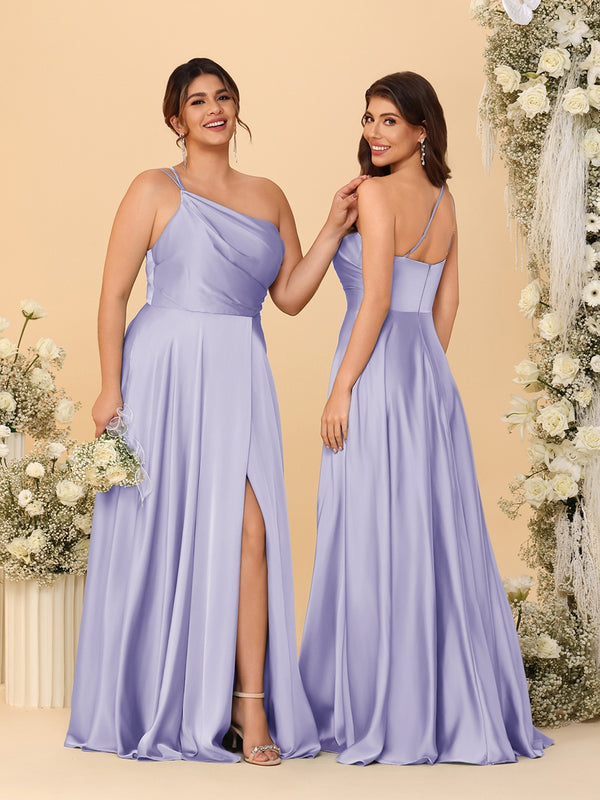 A-Line/Princess Spaghetti Straps Sleeveless Long Ruched Bridesmaid Dresses With Split Side