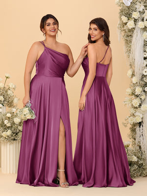 A-Line/Princess Spaghetti Straps Sleeveless Long Ruched Bridesmaid Dresses With Split Side