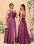 A-Line/Princess Spaghetti Straps Sleeveless Long Ruched Bridesmaid Dresses With Split Side