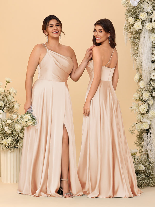 A-Line/Princess Spaghetti Straps Sleeveless Long Ruched Bridesmaid Dresses With Split Side