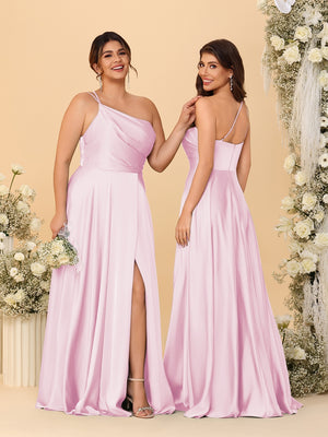 A-Line/Princess Spaghetti Straps Sleeveless Long Ruched Bridesmaid Dresses With Split Side