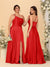 A-Line/Princess Spaghetti Straps Sleeveless Long Ruched Bridesmaid Dresses With Split Side