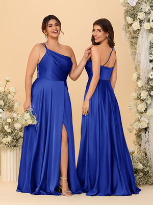 A-Line/Princess Spaghetti Straps Sleeveless Long Ruched Bridesmaid Dresses With Split Side