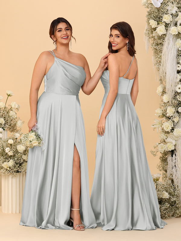 A-Line/Princess Spaghetti Straps Sleeveless Long Ruched Bridesmaid Dresses With Split Side