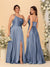 A-Line/Princess Spaghetti Straps Sleeveless Long Ruched Bridesmaid Dresses With Split Side