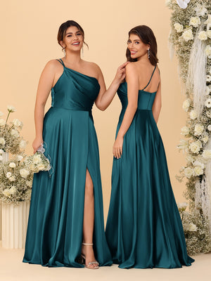 A-Line/Princess Spaghetti Straps Sleeveless Long Ruched Bridesmaid Dresses With Split Side