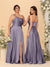 A-Line/Princess Spaghetti Straps Sleeveless Long Ruched Bridesmaid Dresses With Split Side