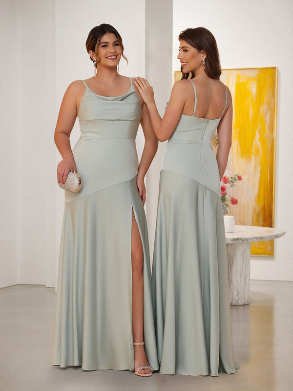 Sheath/Column Spaghetti Straps Cowl Neck Sleeveless Bridesmaid Dresses With Split Side