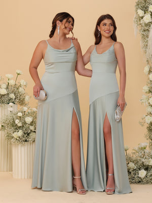 Sheath/Column Spaghetti Straps Cowl Neck Sleeveless Bridesmaid Dresses With Split Side