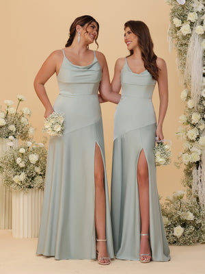 Sheath/Column Spaghetti Straps Cowl Neck Sleeveless Bridesmaid Dresses With Split Side