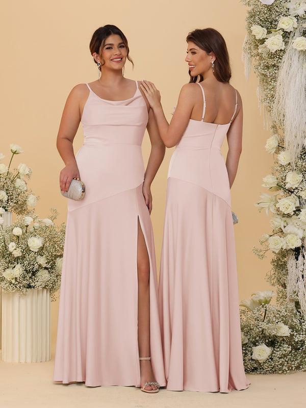 Sheath/Column Spaghetti Straps Cowl Neck Sleeveless Bridesmaid Dresses With Split Side