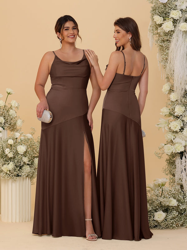 Sheath/Column Spaghetti Straps Cowl Neck Sleeveless Bridesmaid Dresses With Split Side