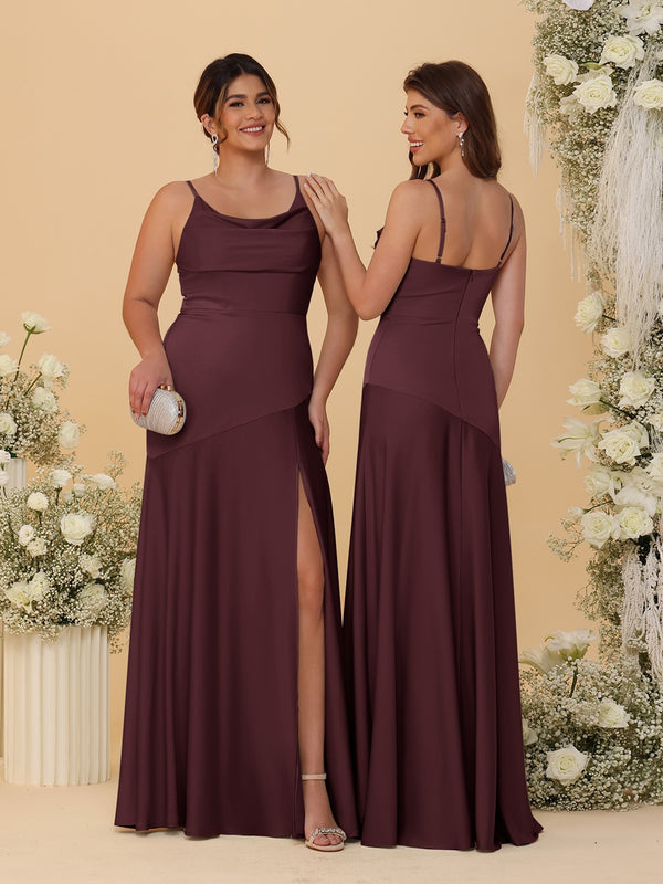 Sheath/Column Spaghetti Straps Cowl Neck Sleeveless Bridesmaid Dresses With Split Side