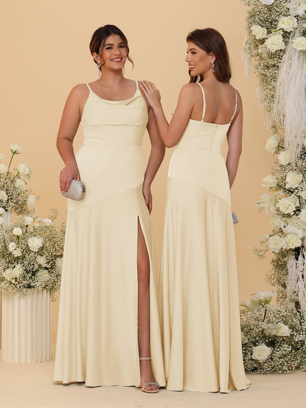 Sheath/Column Spaghetti Straps Cowl Neck Sleeveless Bridesmaid Dresses With Split Side