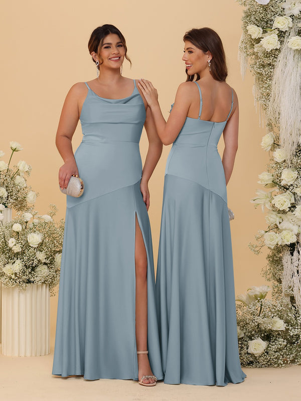 Sheath/Column Spaghetti Straps Cowl Neck Sleeveless Bridesmaid Dresses With Split Side