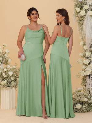 Sheath/Column Spaghetti Straps Cowl Neck Sleeveless Bridesmaid Dresses With Split Side
