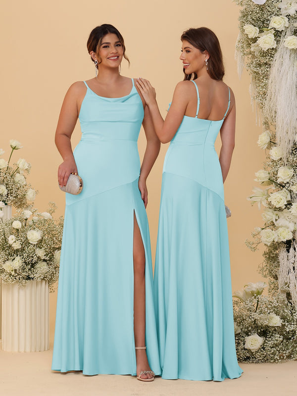Sheath/Column Spaghetti Straps Cowl Neck Sleeveless Bridesmaid Dresses With Split Side