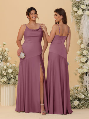 Sheath/Column Spaghetti Straps Cowl Neck Sleeveless Bridesmaid Dresses With Split Side