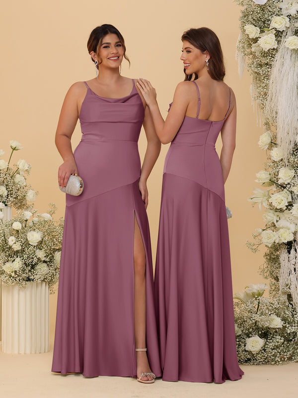 Sheath/Column Spaghetti Straps Cowl Neck Sleeveless Bridesmaid Dresses With Split Side
