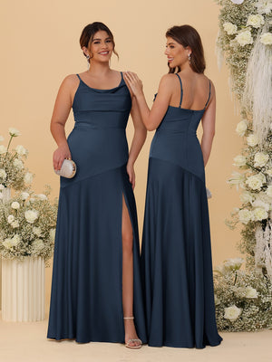 Sheath/Column Spaghetti Straps Cowl Neck Sleeveless Bridesmaid Dresses With Split Side
