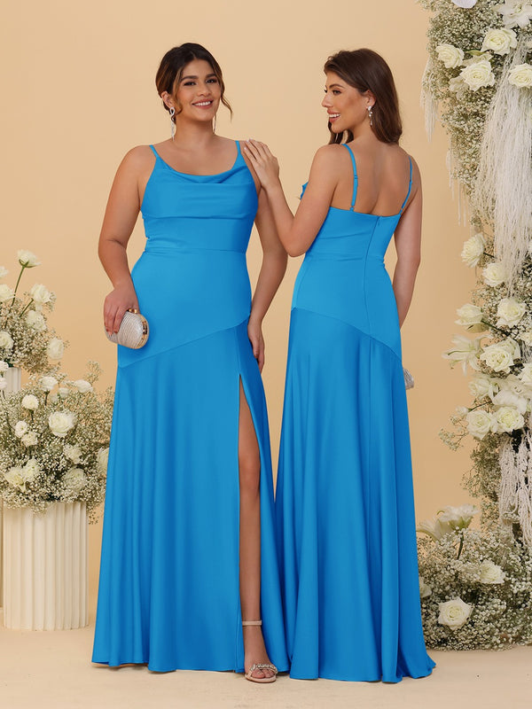 Sheath/Column Spaghetti Straps Cowl Neck Sleeveless Bridesmaid Dresses With Split Side