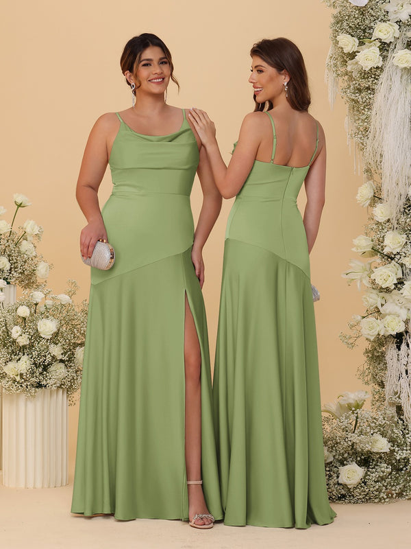 Sheath/Column Spaghetti Straps Cowl Neck Sleeveless Bridesmaid Dresses With Split Side