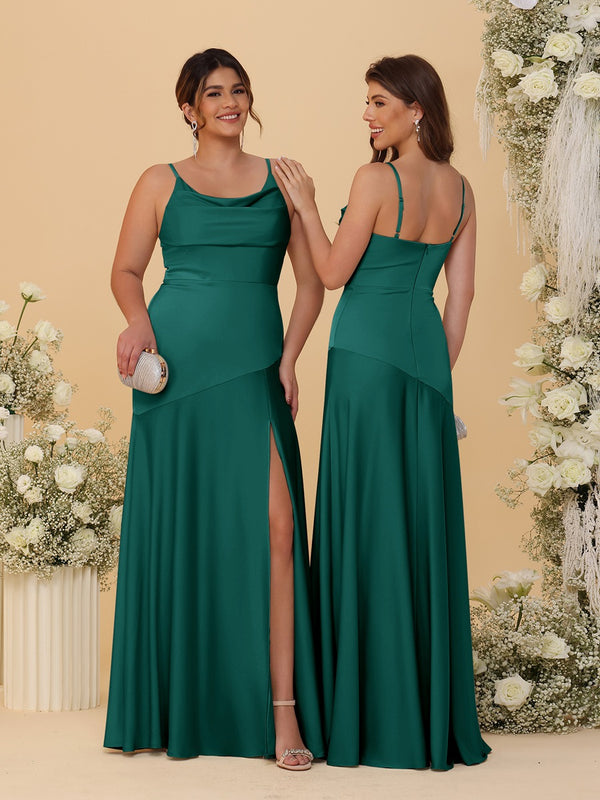 Sheath/Column Spaghetti Straps Cowl Neck Sleeveless Bridesmaid Dresses With Split Side