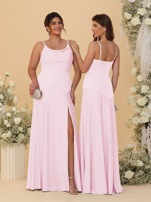 Sheath/Column Spaghetti Straps Cowl Neck Sleeveless Bridesmaid Dresses With Split Side