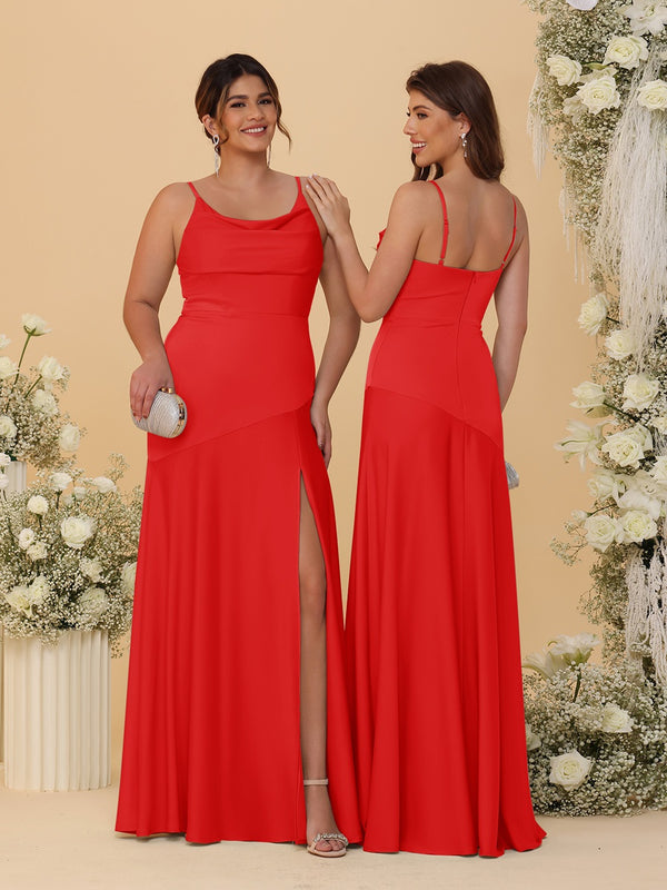 Sheath/Column Spaghetti Straps Cowl Neck Sleeveless Bridesmaid Dresses With Split Side