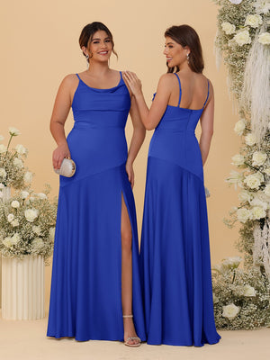 Sheath/Column Spaghetti Straps Cowl Neck Sleeveless Bridesmaid Dresses With Split Side