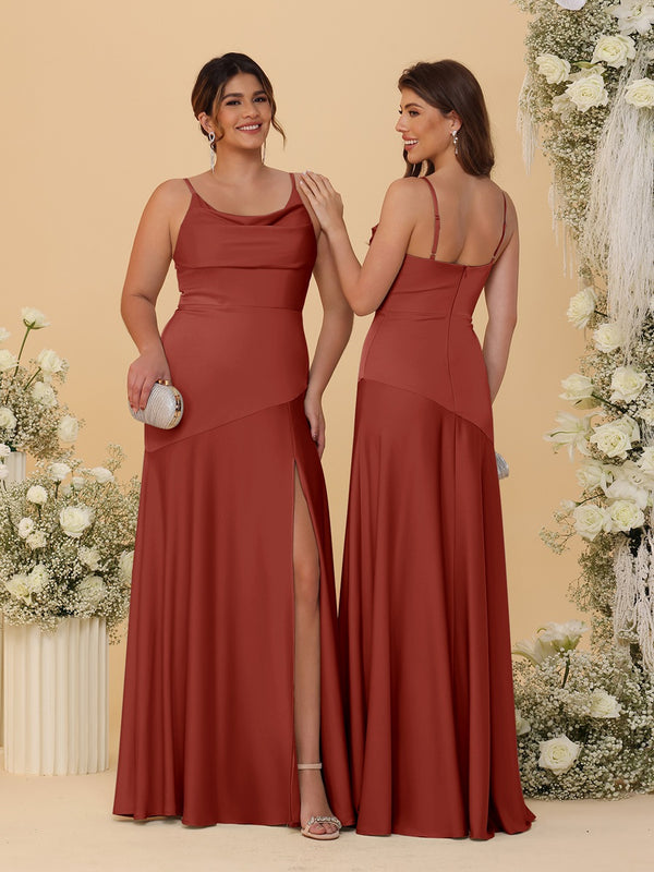 Sheath/Column Spaghetti Straps Cowl Neck Sleeveless Bridesmaid Dresses With Split Side