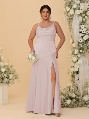 Sheath/Column Spaghetti Straps Cowl Neck Sleeveless Plus Size Bridesmaid Dresses With Split Side