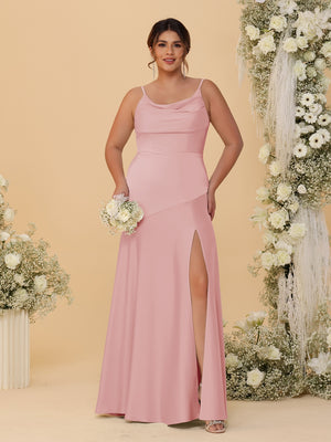 Sheath/Column Spaghetti Straps Cowl Neck Sleeveless Plus Size Bridesmaid Dresses With Split Side