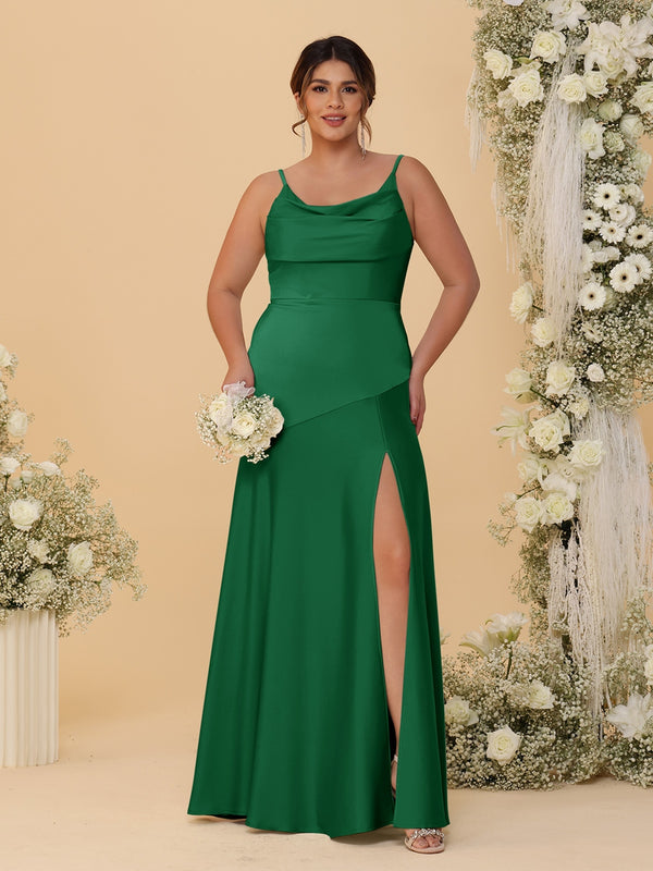 Sheath/Column Spaghetti Straps Cowl Neck Sleeveless Plus Size Bridesmaid Dresses With Split Side