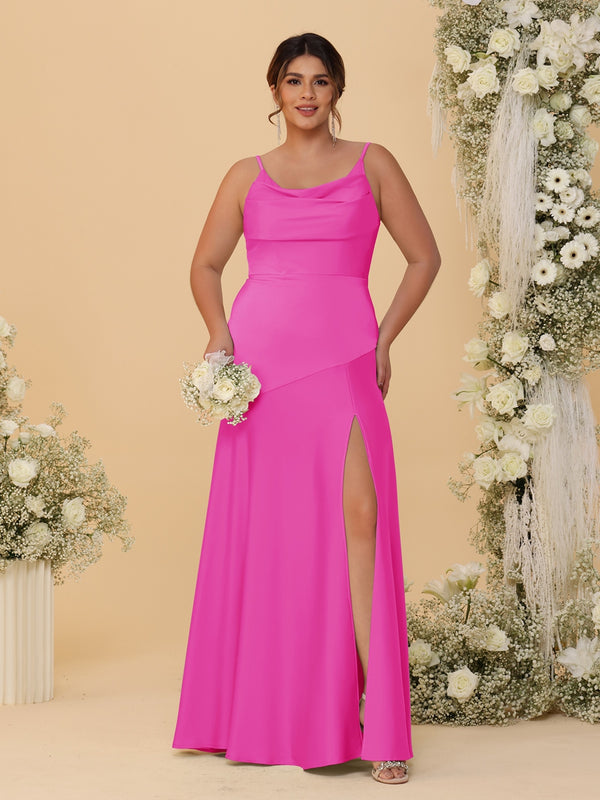 Sheath/Column Spaghetti Straps Cowl Neck Sleeveless Plus Size Bridesmaid Dresses With Split Side