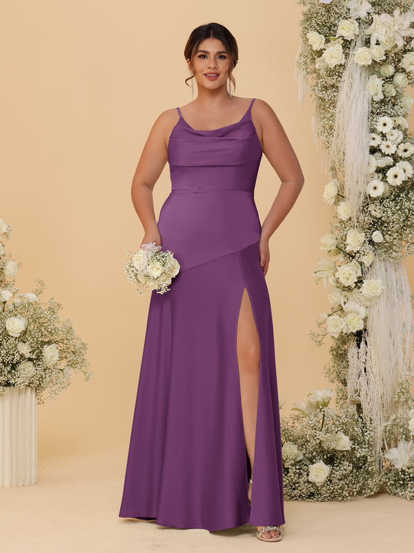 Sheath/Column Spaghetti Straps Cowl Neck Sleeveless Plus Size Bridesmaid Dresses With Split Side