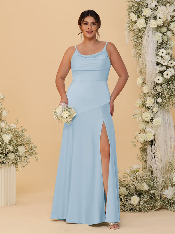 Sheath/Column Spaghetti Straps Cowl Neck Sleeveless Plus Size Bridesmaid Dresses With Split Side