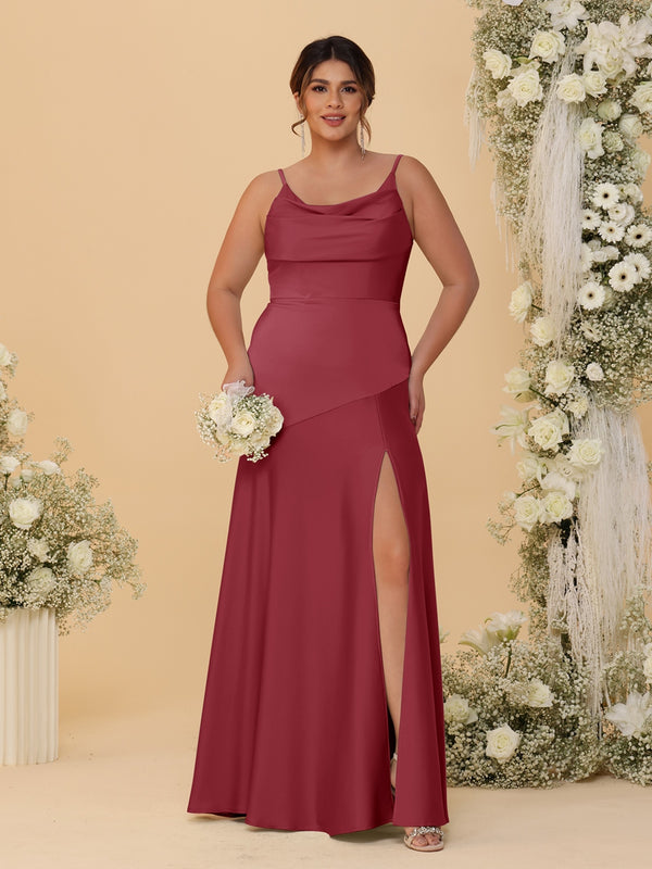 Sheath/Column Spaghetti Straps Cowl Neck Sleeveless Plus Size Bridesmaid Dresses With Split Side