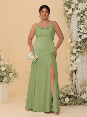Sheath/Column Spaghetti Straps Cowl Neck Sleeveless Plus Size Bridesmaid Dresses With Split Side