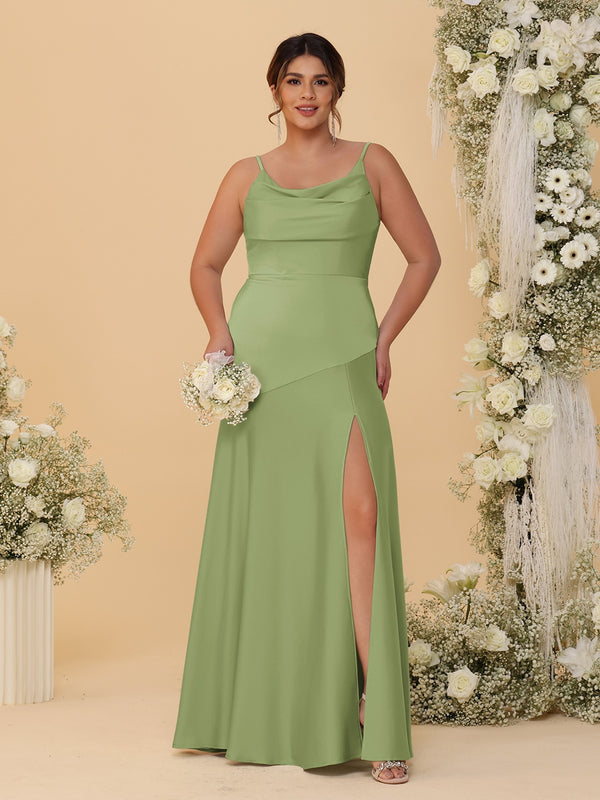 Sheath/Column Spaghetti Straps Cowl Neck Sleeveless Plus Size Bridesmaid Dresses With Split Side