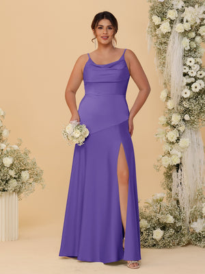 Sheath/Column Spaghetti Straps Cowl Neck Sleeveless Plus Size Bridesmaid Dresses With Split Side