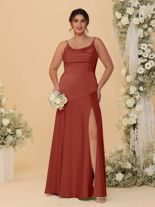 Sheath/Column Spaghetti Straps Cowl Neck Sleeveless Plus Size Bridesmaid Dresses With Split Side