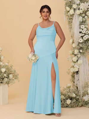 Sheath/Column Spaghetti Straps Cowl Neck Sleeveless Plus Size Bridesmaid Dresses With Split Side