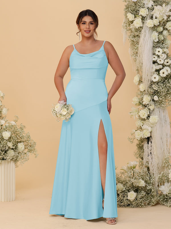 Sheath/Column Spaghetti Straps Cowl Neck Sleeveless Plus Size Bridesmaid Dresses With Split Side