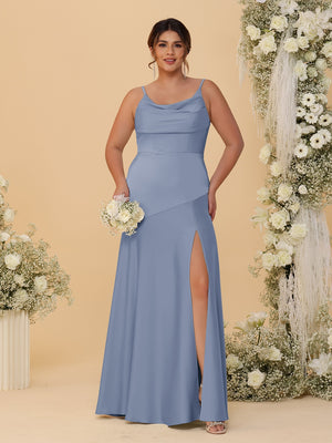 Sheath/Column Spaghetti Straps Cowl Neck Sleeveless Plus Size Bridesmaid Dresses With Split Side