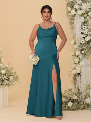Sheath/Column Spaghetti Straps Cowl Neck Sleeveless Plus Size Bridesmaid Dresses With Split Side