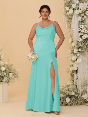 Sheath/Column Spaghetti Straps Cowl Neck Sleeveless Plus Size Bridesmaid Dresses With Split Side